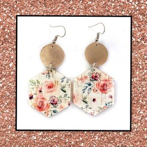 Mauve Pink Flower Leather Hexagon Earrings